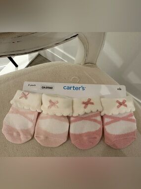 🦢 Newborn Size Pink & White Ballet Bow Socks - 2-Pack NWT